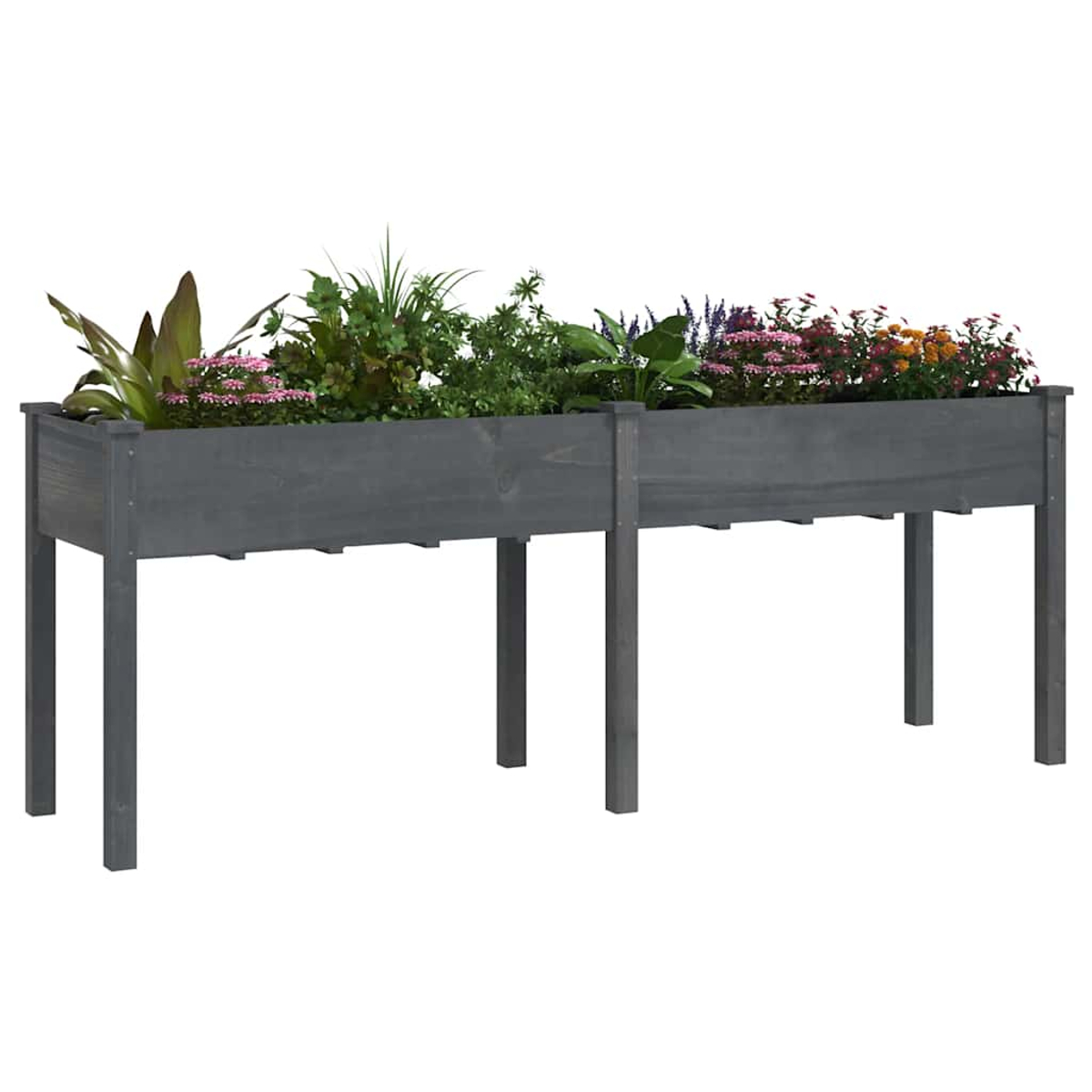 Ein graues Hochbeet aus Holz mit verschiedenen Pflanzen und Blumen.