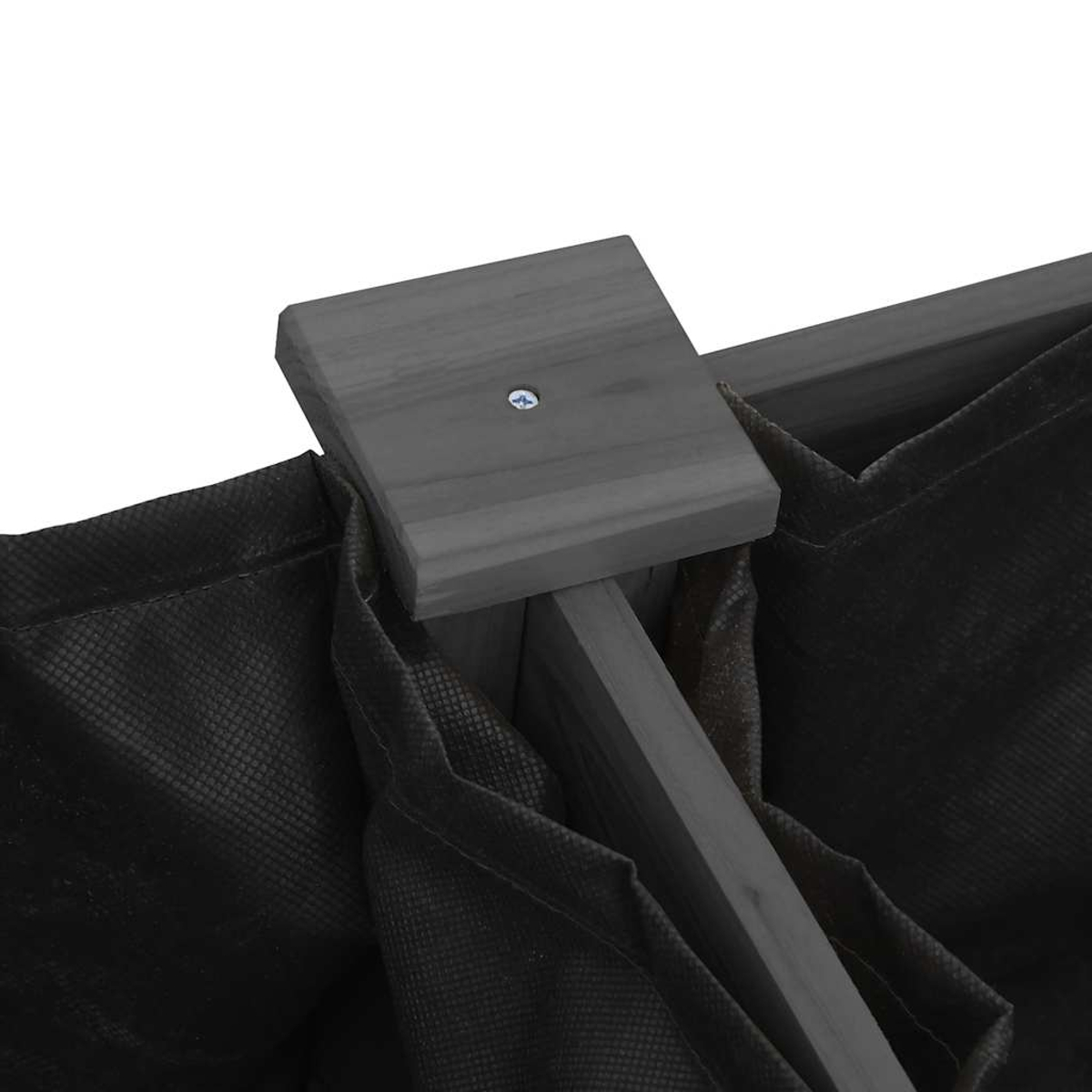 Grauer Holzbalken mit schwarzem Stoff ausgekleidet, mit Schraube befestigt.