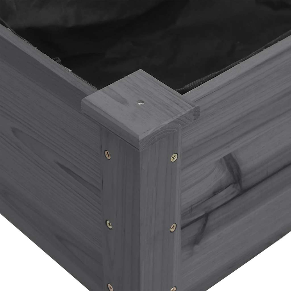 Graue Holz-Hochbeet-Ecke mit schwarzem Inlay und Schrauben.