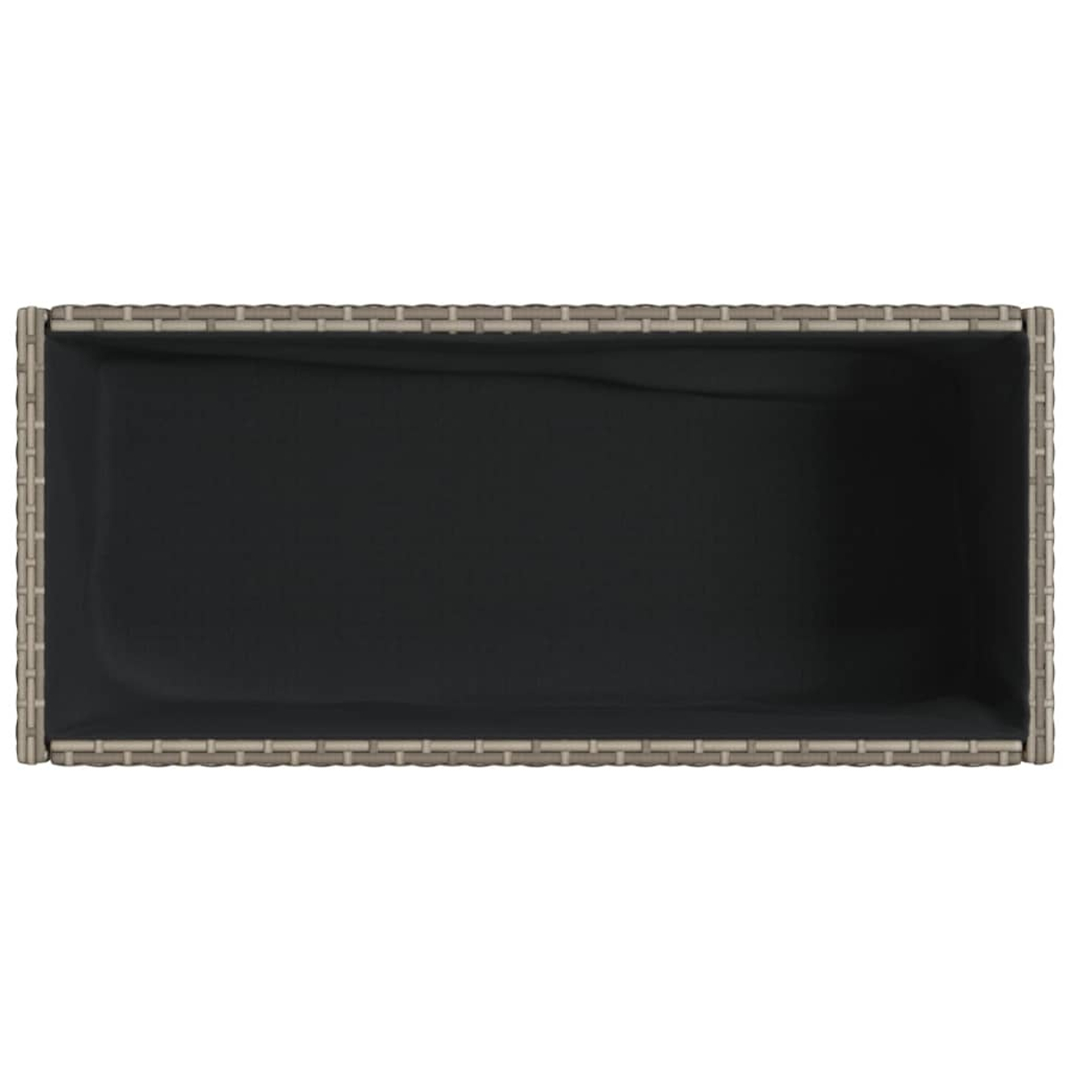 Cassa in rattan grigio con inserto nero, vista dall'alto.