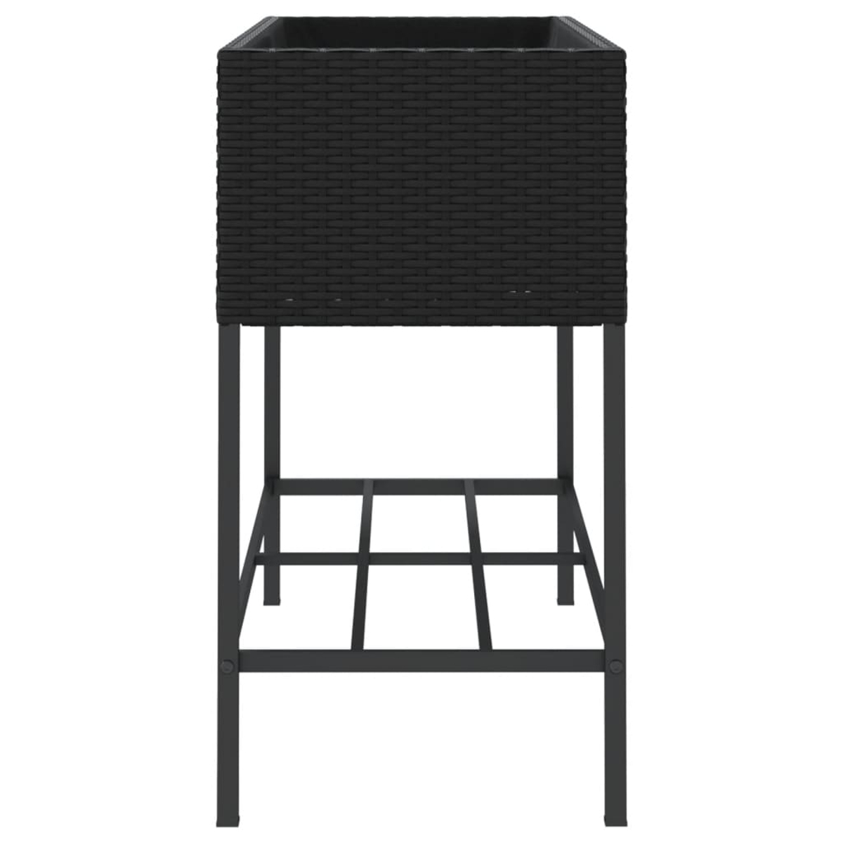 Fioriera rettangolare nera con supporto in metallo, effetto rattan.