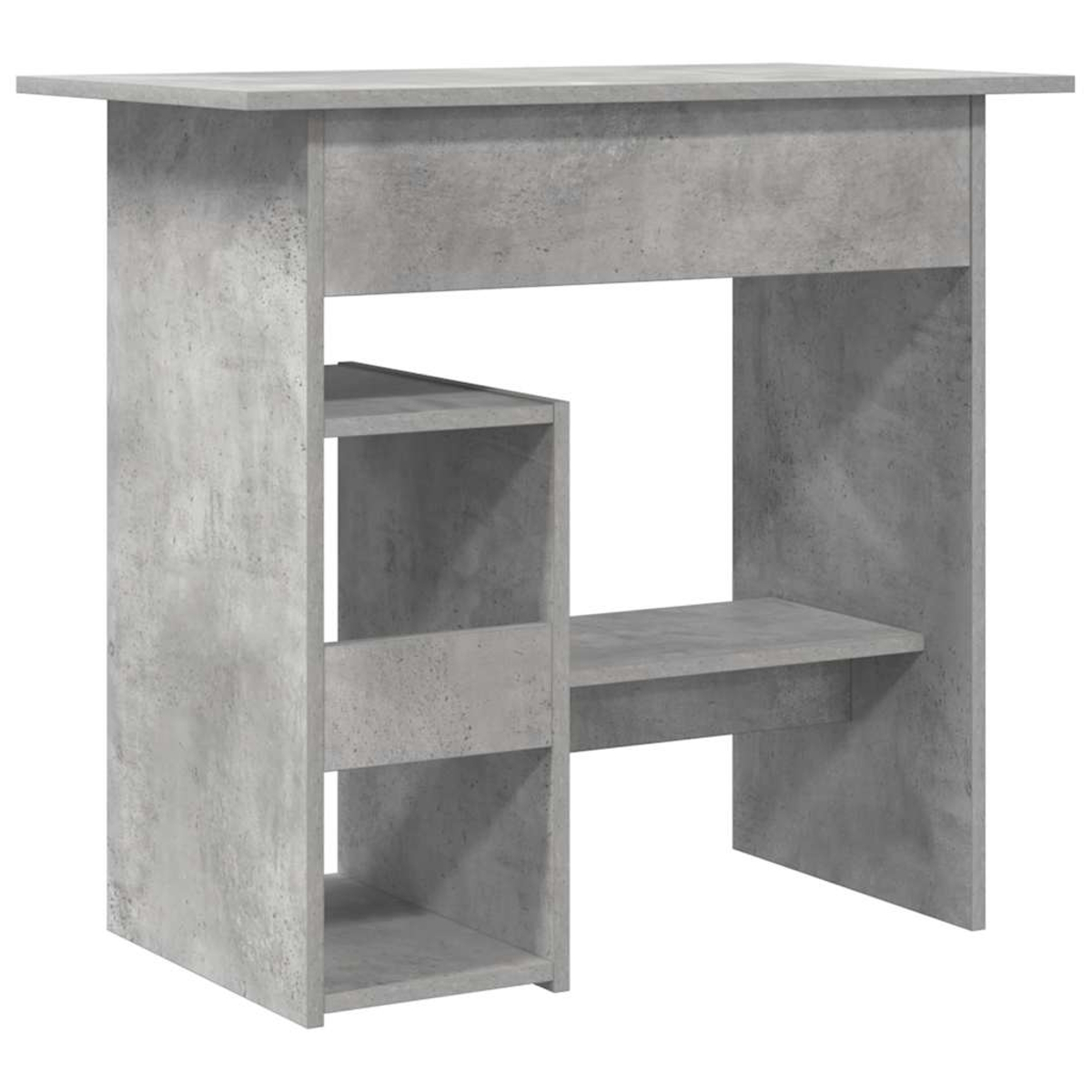 Ein grauer Beton-Schreibtisch mit zwei offenen Regalen auf der linken Seite.