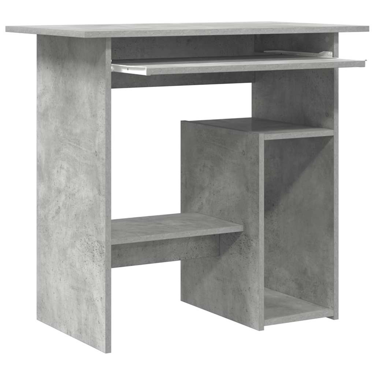 Grauer Schreibtisch mit Tastaturauszug und offenen Ablagen.
