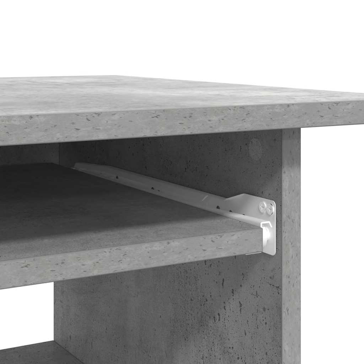 Grauer Beton-Schrank mit weißer Schubladenführung und Regal.