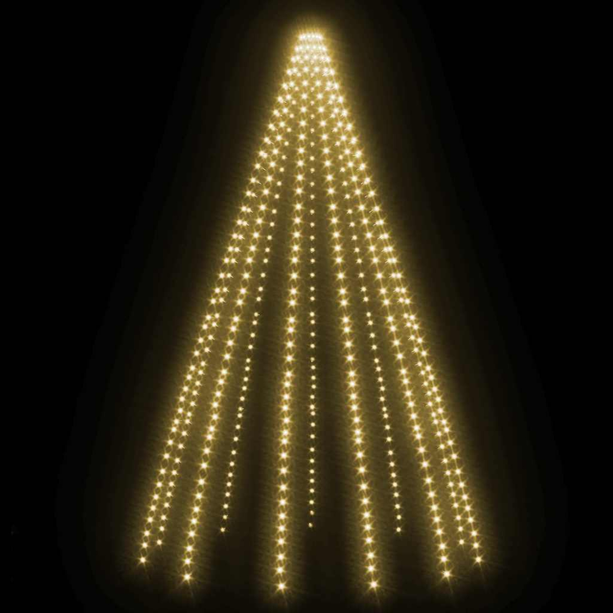 Eine Lichterkette mit warmweißen Lichterketten in Kegelform auf schwarzem Hintergrund.