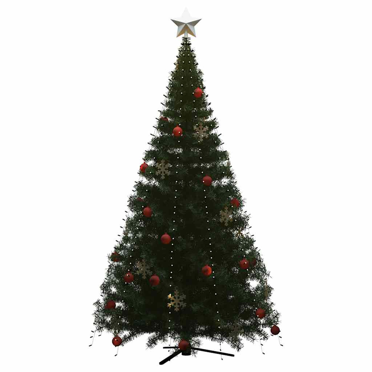 Ein geschmückter Weihnachtsbaum mit roten Kugeln, Lichtern und Stern.