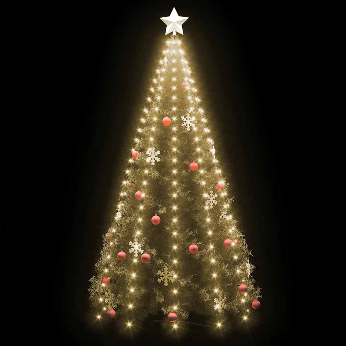 Ein beleuchteter Weihnachtsbaum mit Stern, Kugeln und Schneeflocken.