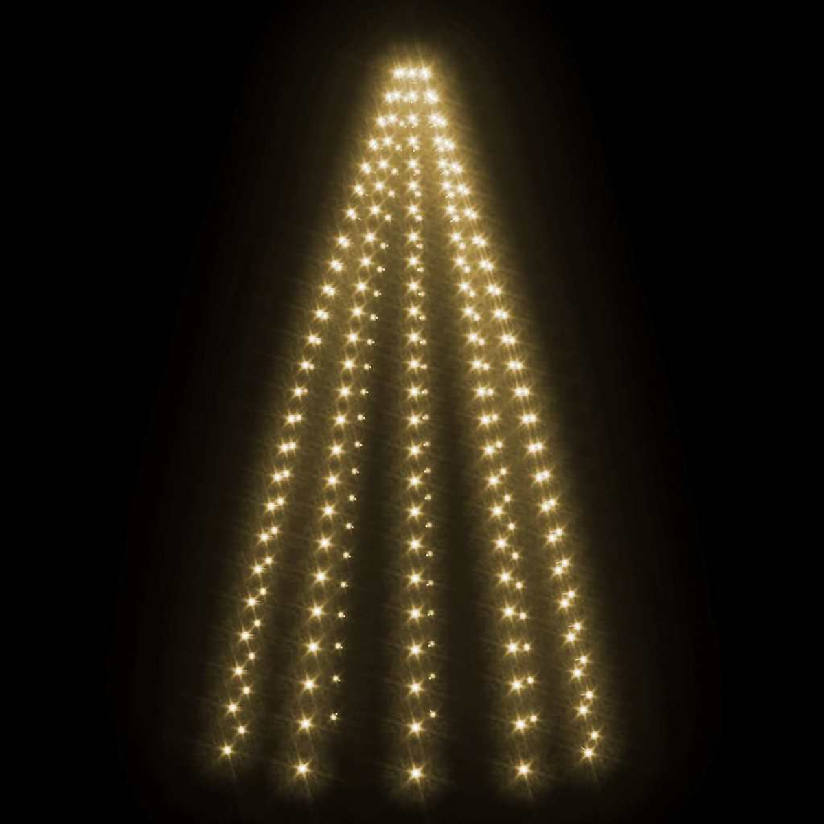 Eine Lichterkette in Form eines Baumes mit goldenen Lichtern auf schwarzem Hintergrund.