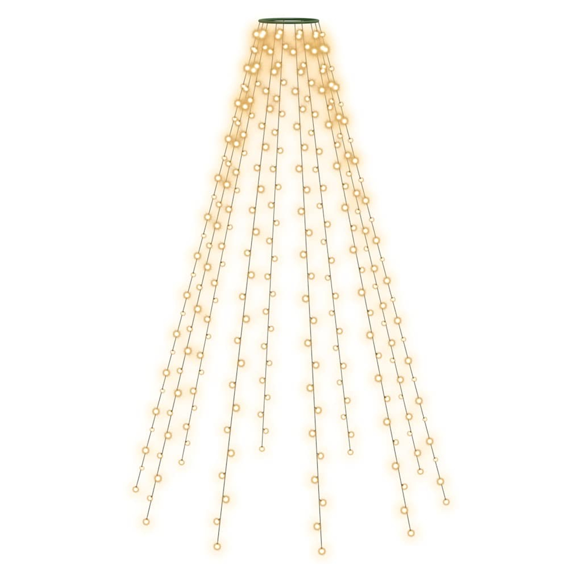 Eine Lichterkette mit vielen kleinen gelben Lichtern, die von einem Kreis herunterhängen.