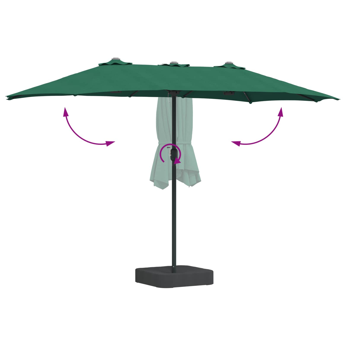 Ombrellone rettangolare verde con base scura e frecce indicative.