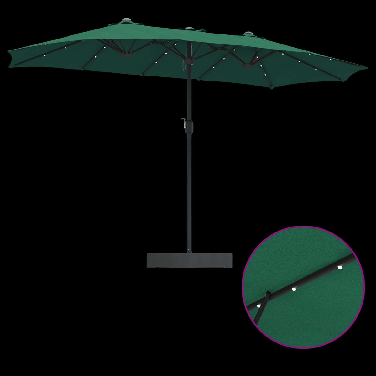 Ombrellone da esterno verde scuro con luci integrate e base scura.