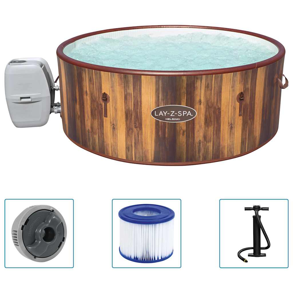 Ein aufblasbarer Whirlpool mit Holzoptik und dazugehörigem Filter, Pumpe und Zubehör.