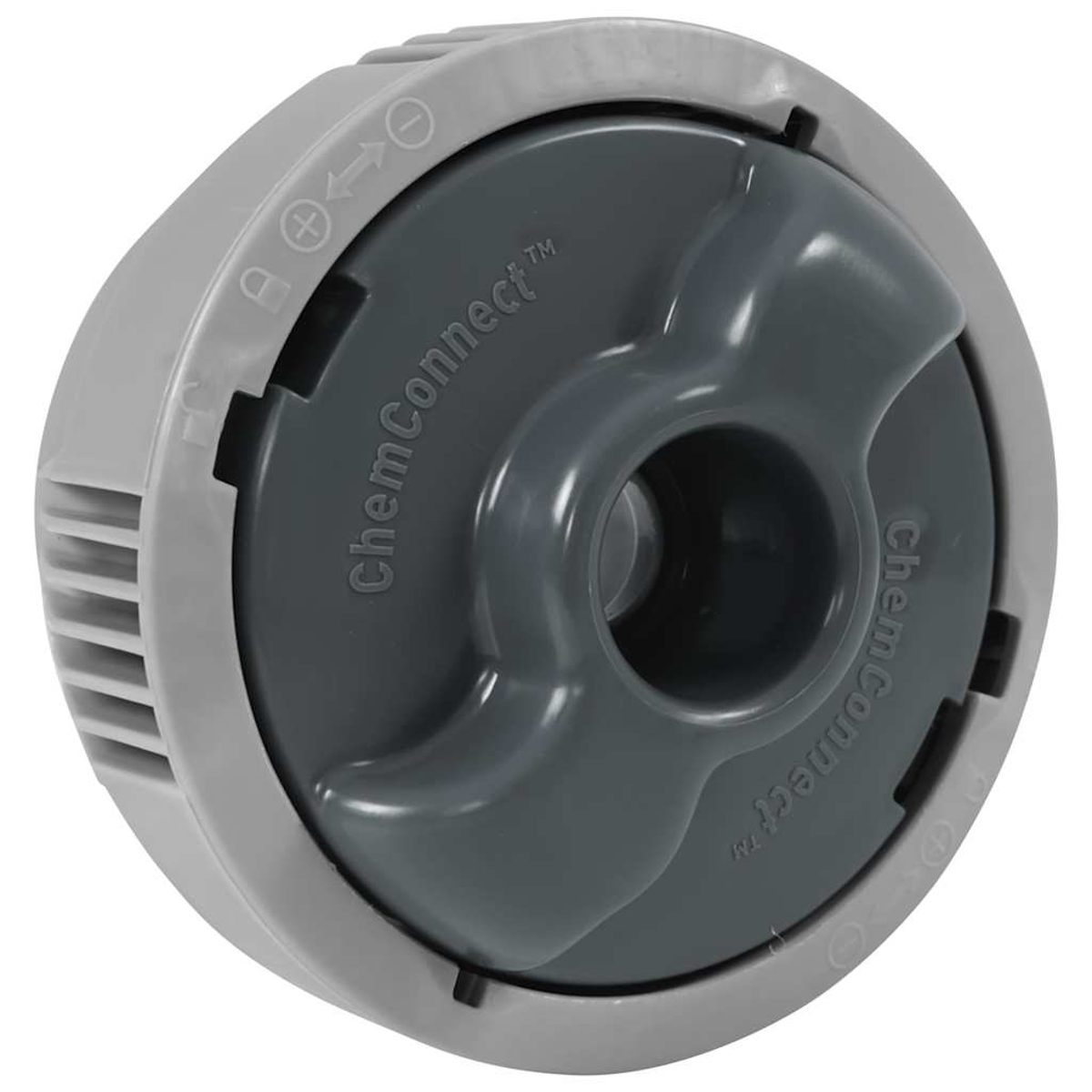 Grauer und dunkelgrauer ChemConnect Pool-Filterdeckel mit Rillen.