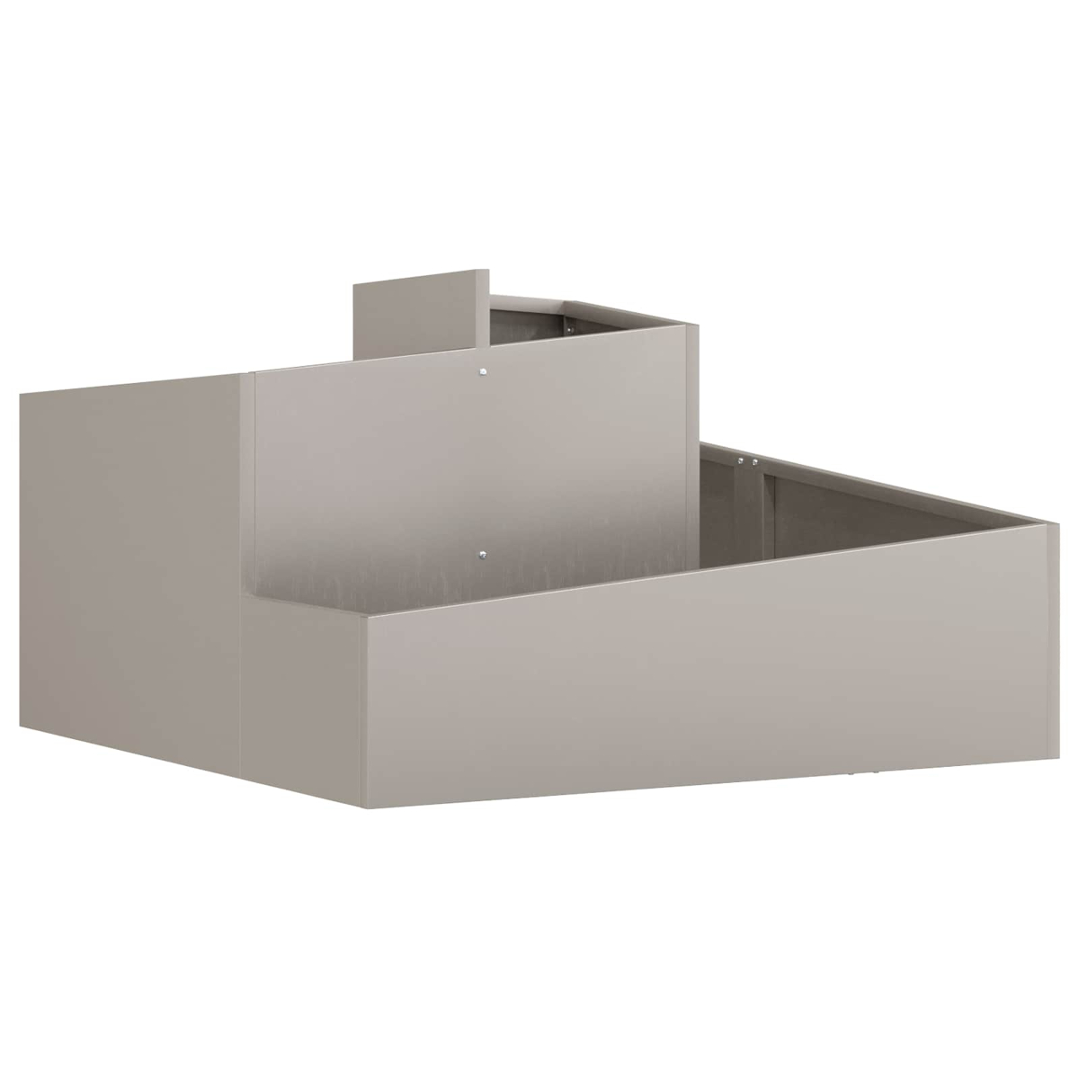 Grauer, rechteckiger Metallbehälter mit mehreren Ebenen und sichtbaren Nieten.