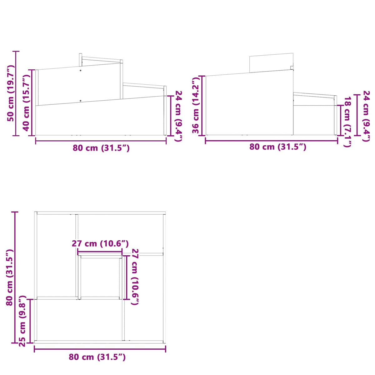 Diagramme mit den Abmessungen eines Holz-Tierhauses und einer Lagereinheit.
