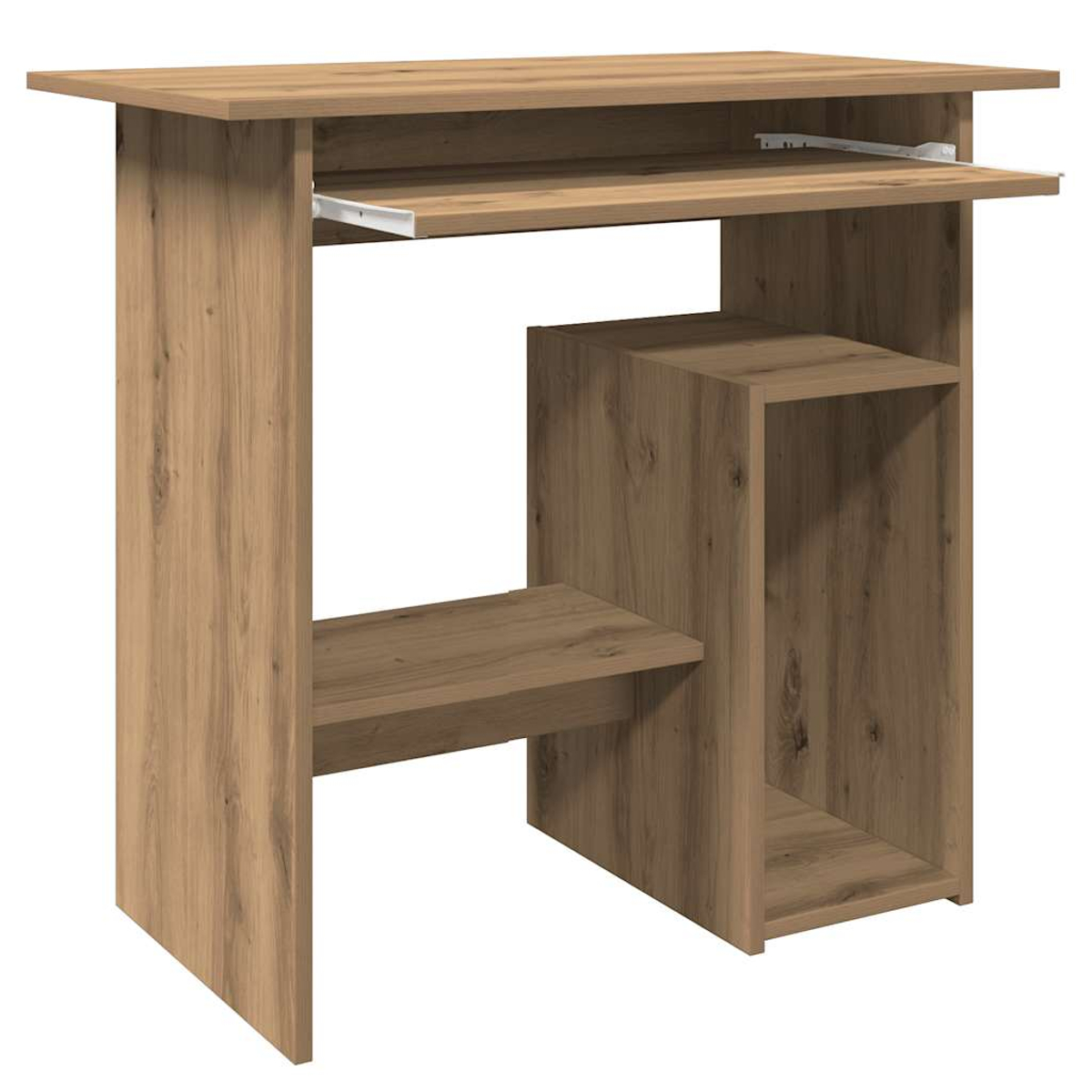 Ein hölzerner Schreibtisch mit ausziehbarer Tastaturablage und offenen Regalen.