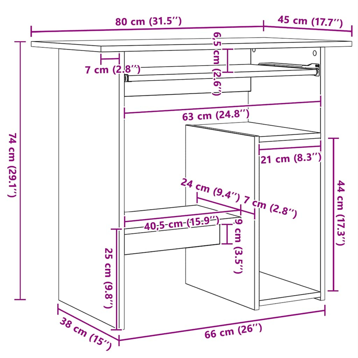 Eine schematische Darstellung eines Möbels mit Maßen in cm und Zoll.