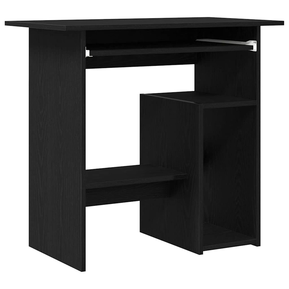 Ein schwarzer Schreibtisch mit einem ausziehbaren Tastaturfach und offenen Regalen.