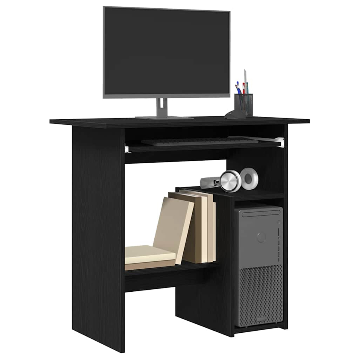 Ein schwarzer Schreibtisch mit einem Monitor, Tastatur, Bücher, Kopfhörer und PC.