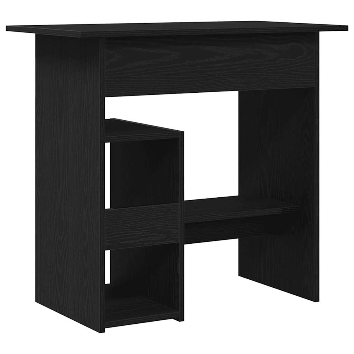 Schwarzer Holztisch mit offenen Fächern und einer Ablage.