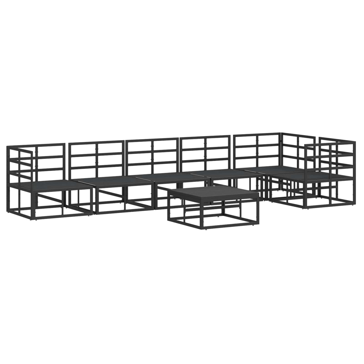 Un set da salotto modulare in metallo nero con tavolo e sedute.