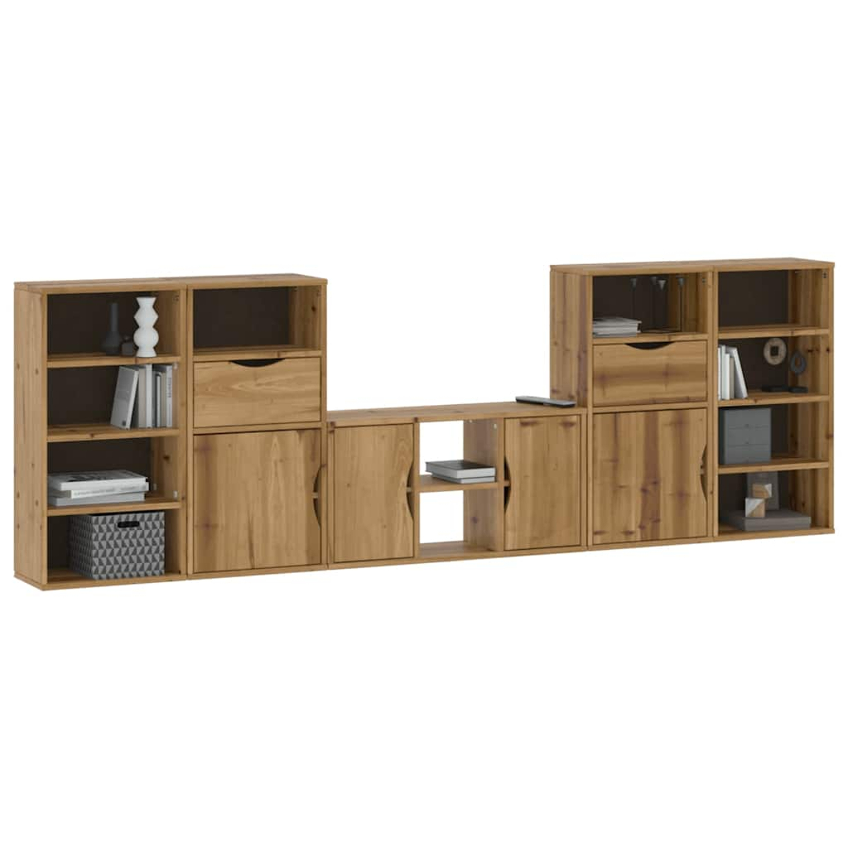 Holzmodul-Wohnwand mit offenen Fächern, Schubladen und Türen.