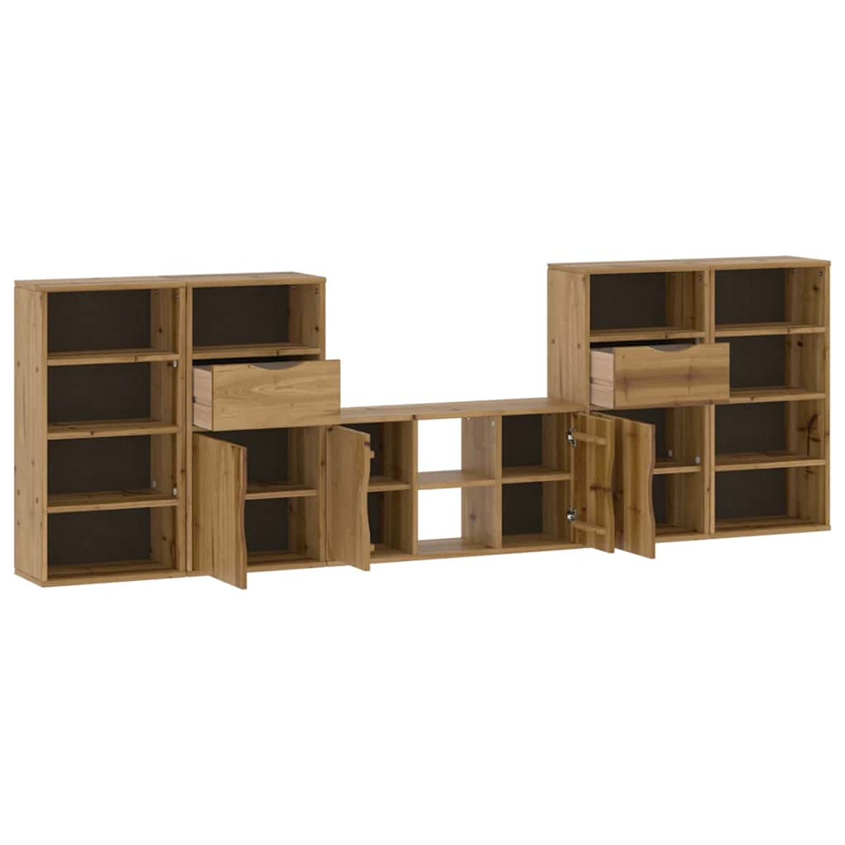 Ein modulares Holzregalsystem mit offenen Fächern und Schubladen.
