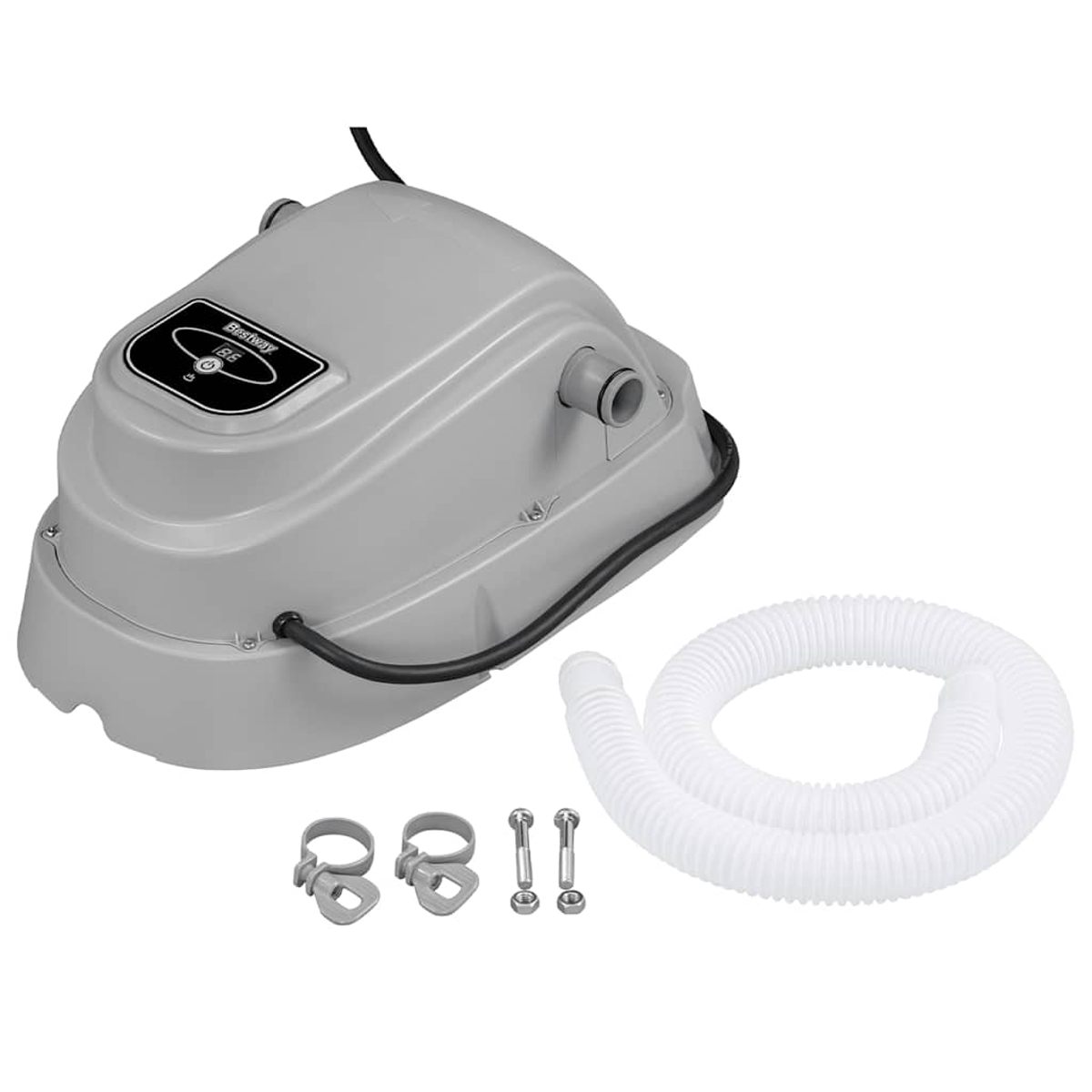 Grauer Bestway Pool-Filter mit Schlauch, Schellen und Schrauben.