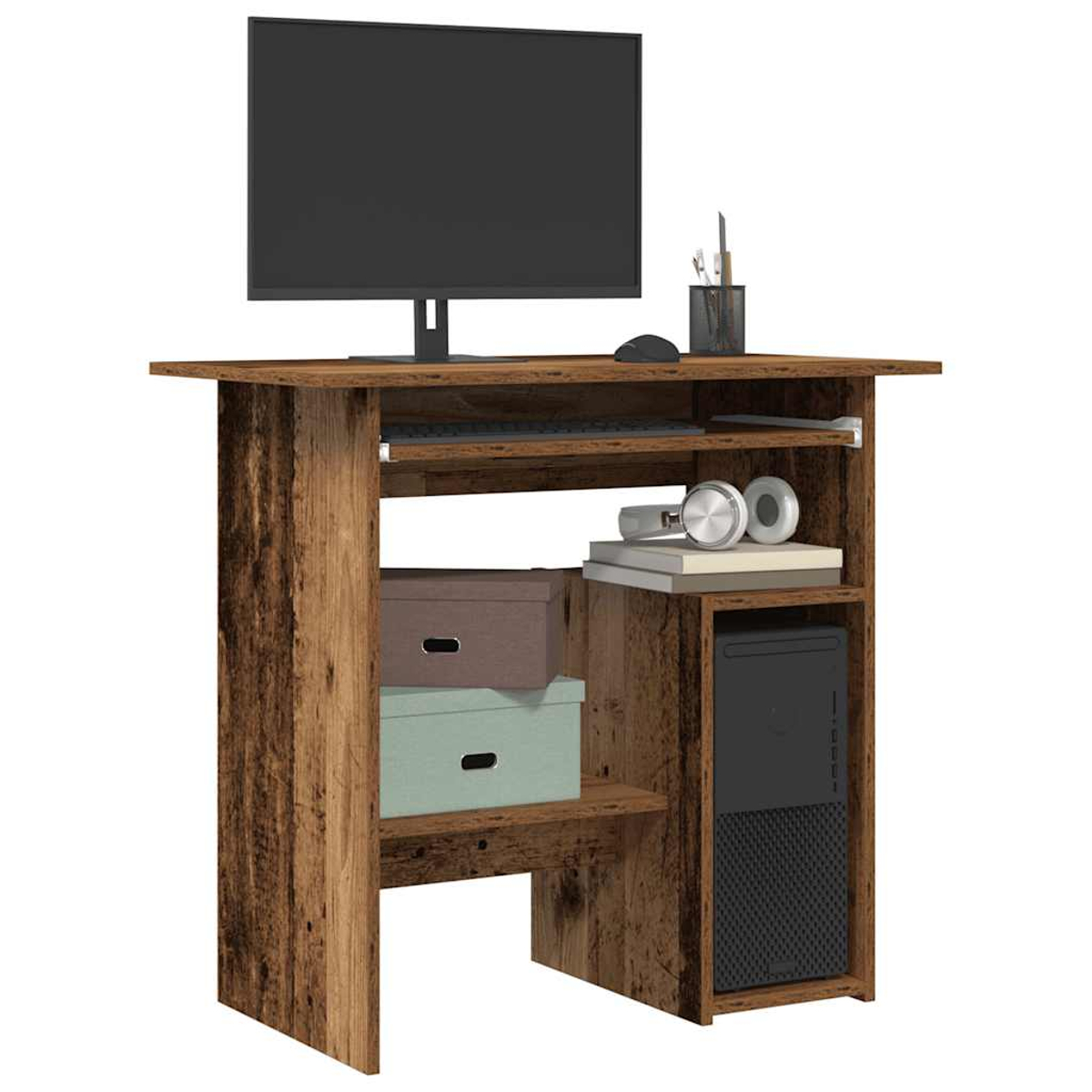 Holzschreibtisch mit Monitor, Tastatur, PC, Kopfhörern und Boxen.