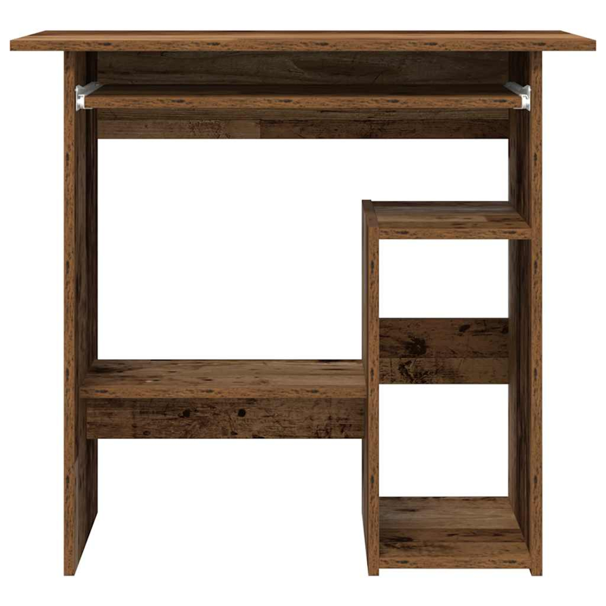 Ein rustikaler Schreibtisch aus Holz mit ausziehbarem Fach und Regalen.