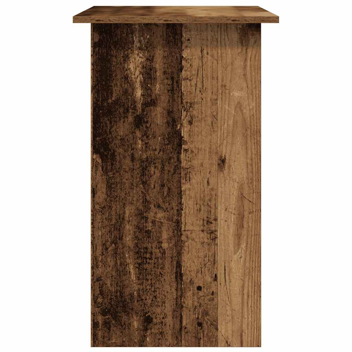 Ein hölzerner Tisch mit dunklen und hellbraunen Holzmaserungen.