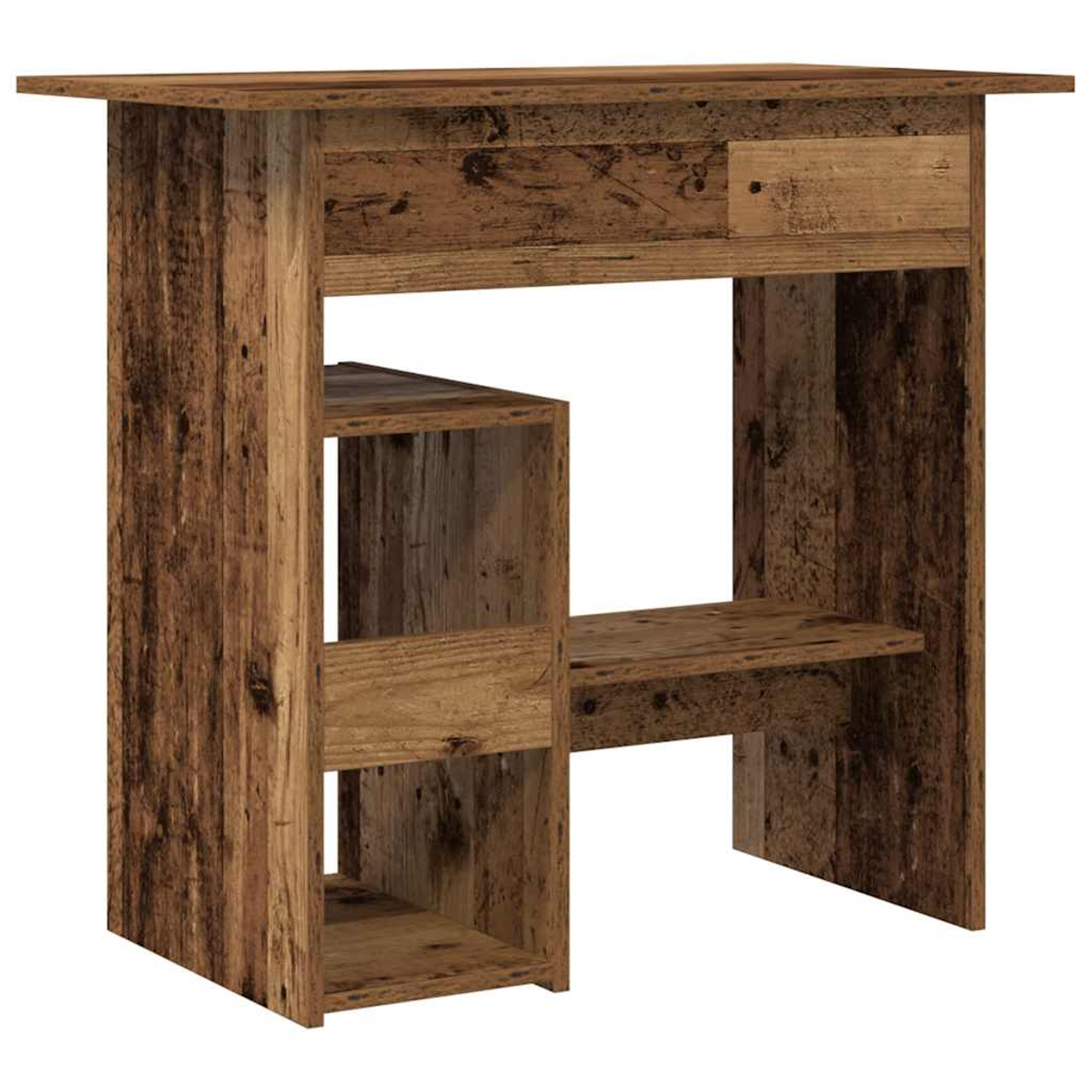 Holztisch mit zwei offenen Regalen und einer Schublade.