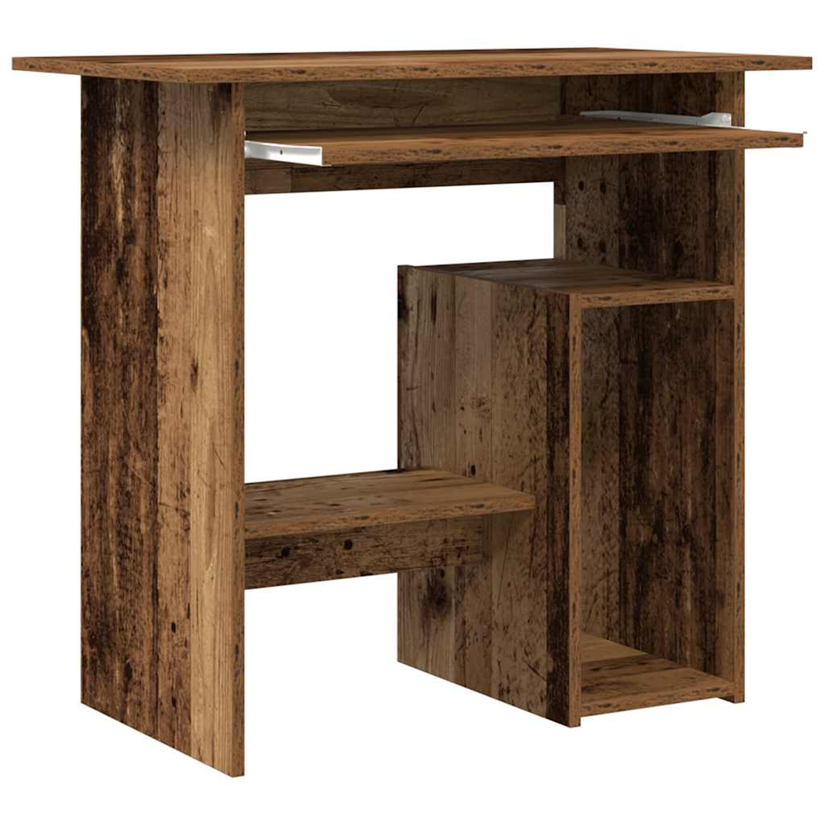 Ein rustikaler Computertisch aus Holz mit ausziehbarer Tastaturablage und offenen Regalen.