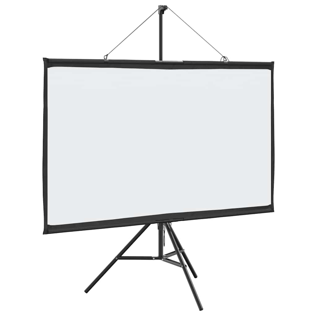 Eine weiße Leinwand auf einem schwarzen Stativ, freigestellt auf weißem Hintergrund.