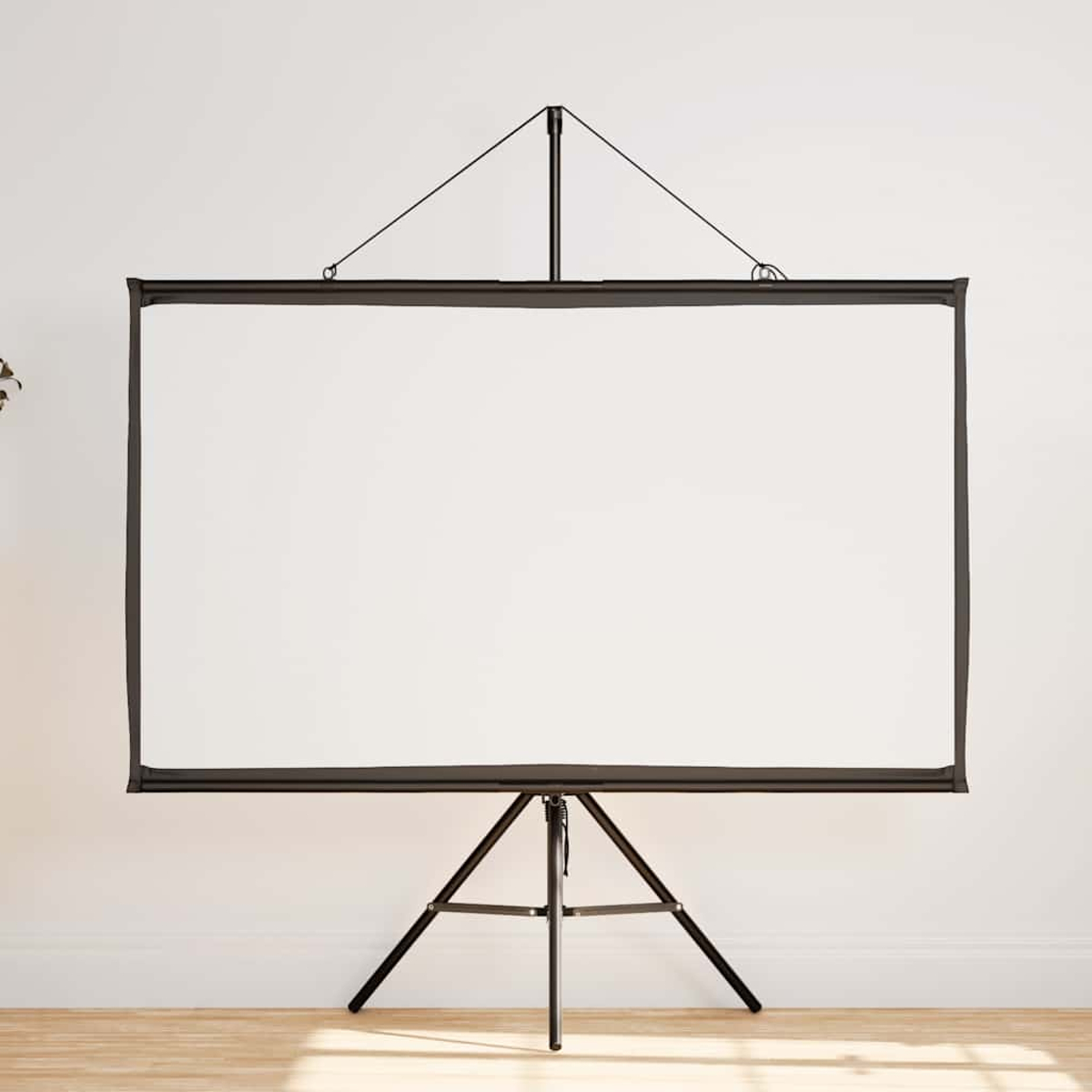 Eine weiße Leinwand mit schwarzem Rahmen auf einem Stativ.