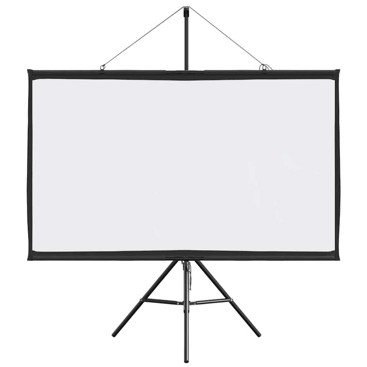 Ein weißer Projektionsleinwand auf einem schwarzen Stativ, vor weißem Hintergrund.