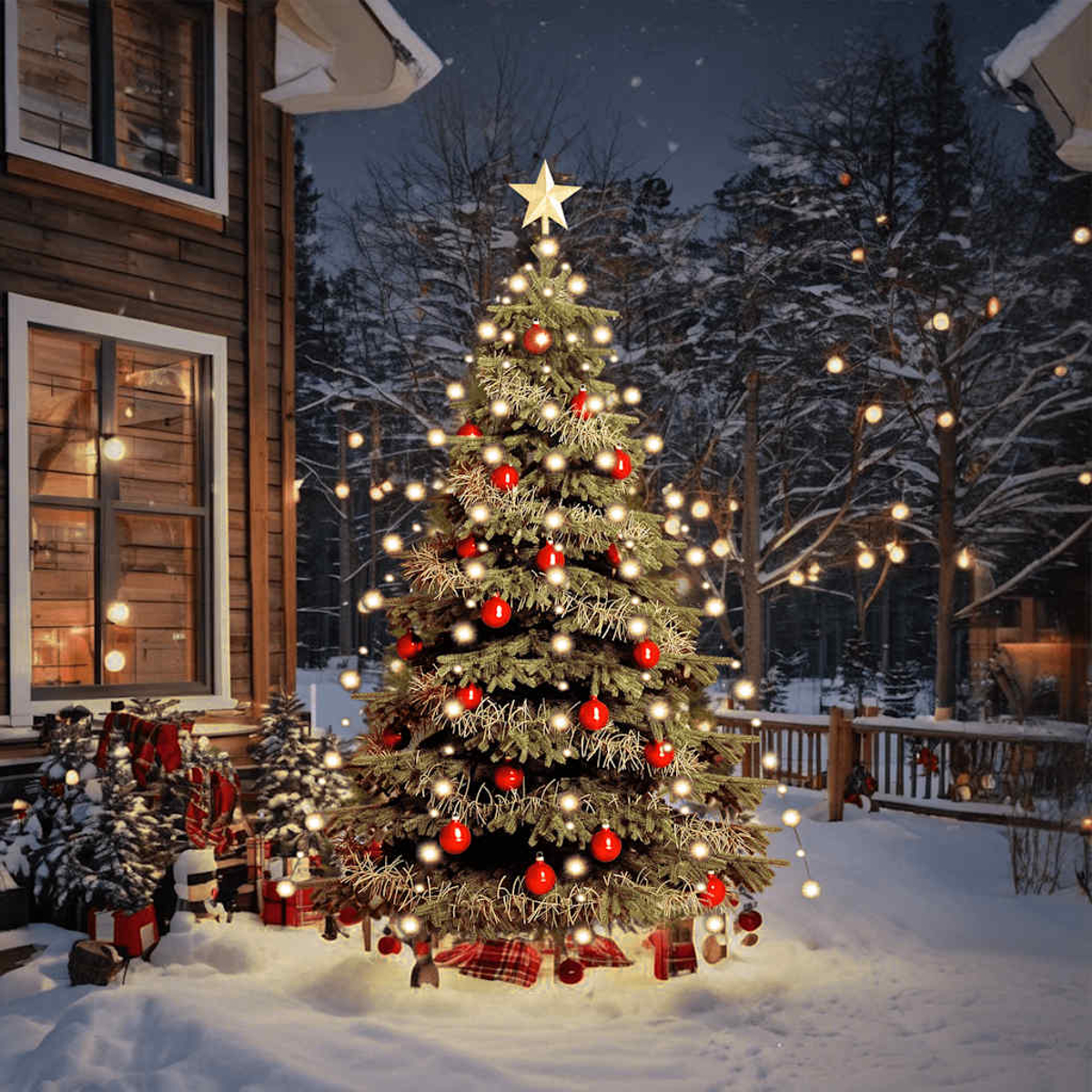 Ein beleuchteter Weihnachtsbaum mit roten Kugeln und Sternspitze im Schnee.