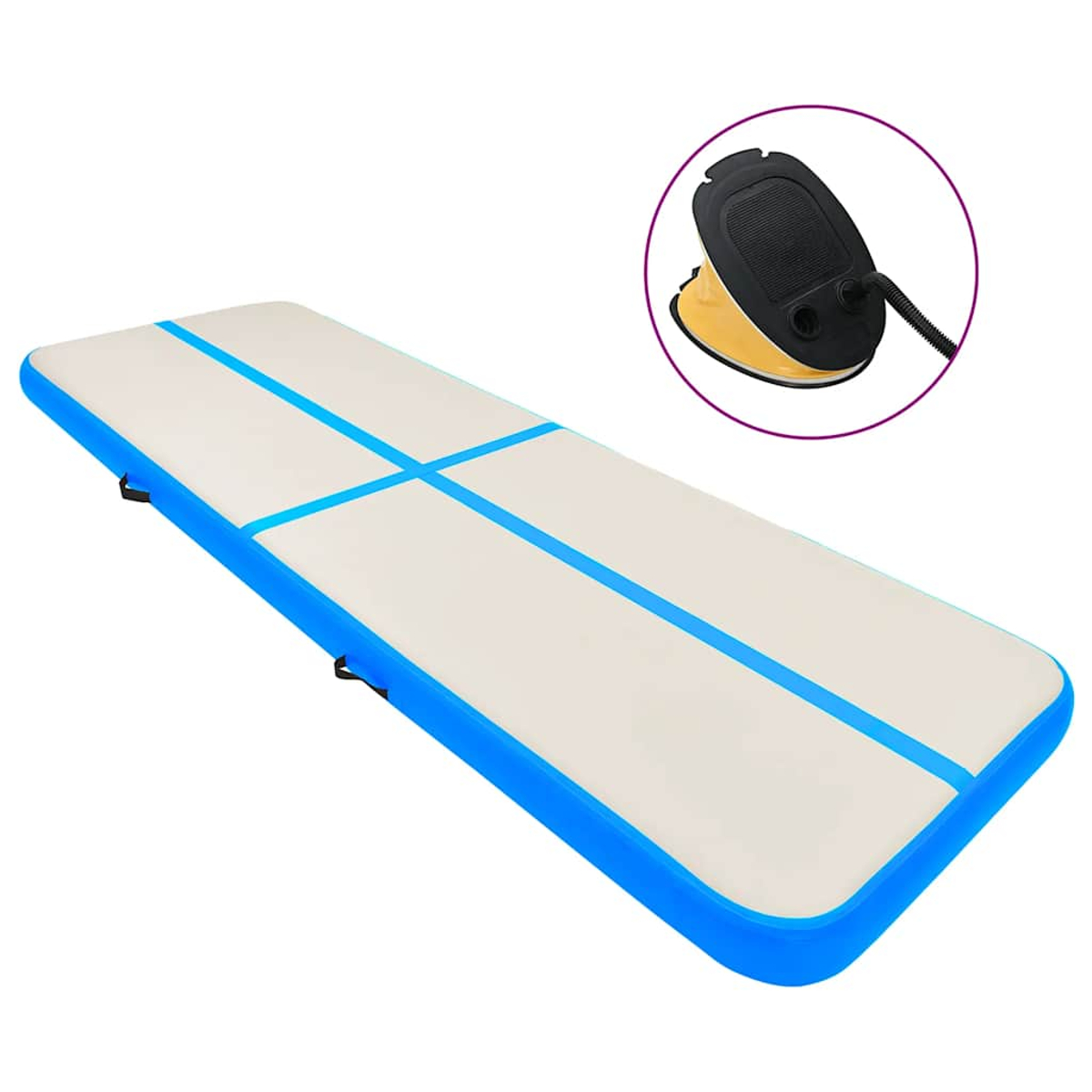 Aufblasbare Gymnastikmatte in Beige mit blauen Linien und einer Handpumpe.