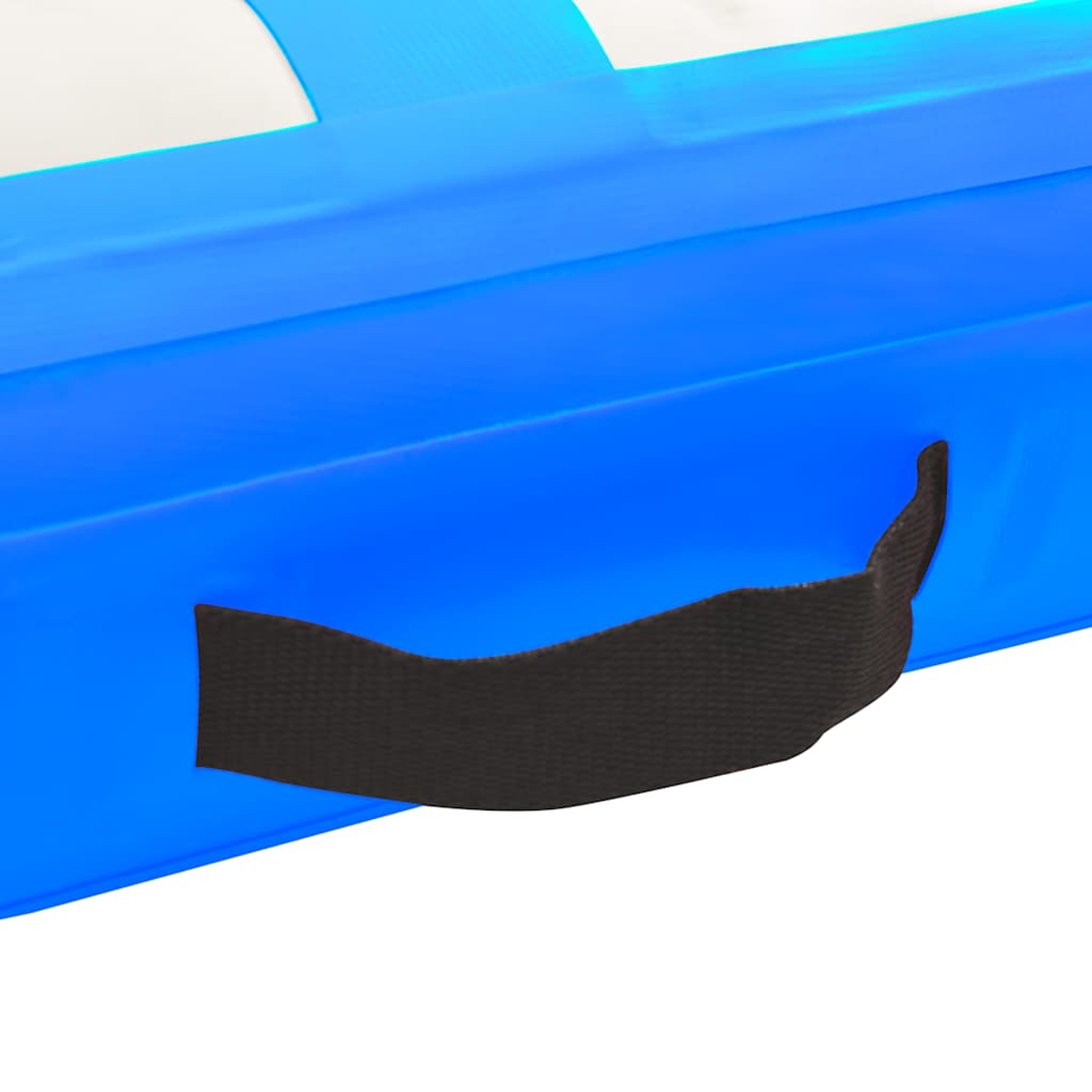 Blauer aufblasbarer Gegenstand mit schwarzem Griff.