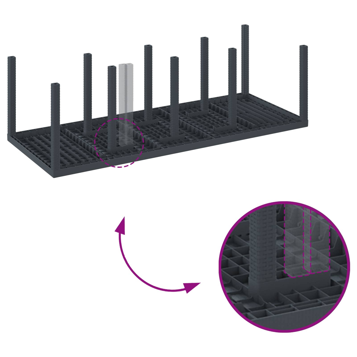 Un marco de estantería gris con múltiples soportes y un primer plano de un conector.