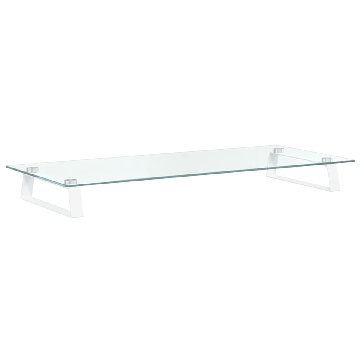 Ein transparenter Glasständer mit weißen Metallbeinen.