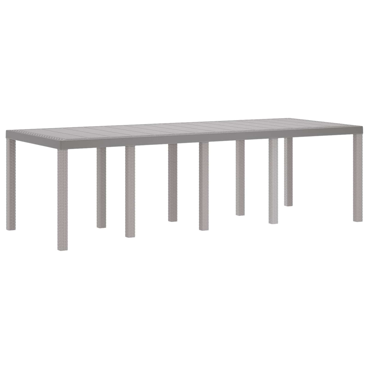 Ein langer, grauer Tisch mit acht Beinen im Rattan-Look.