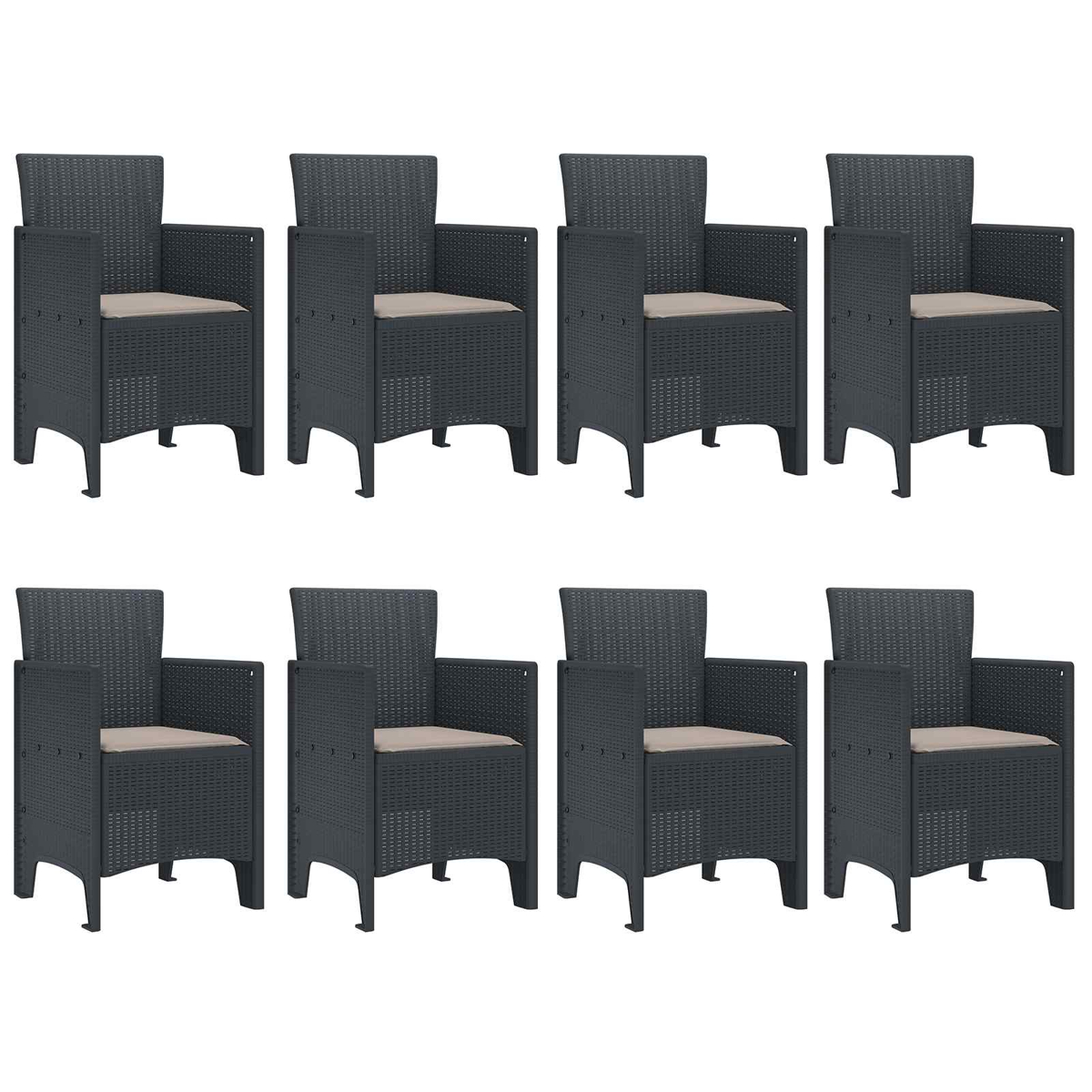 Ocho sillas de mimbre gris oscuro con cojines beige claro, dispuestas una al lado de otra.
