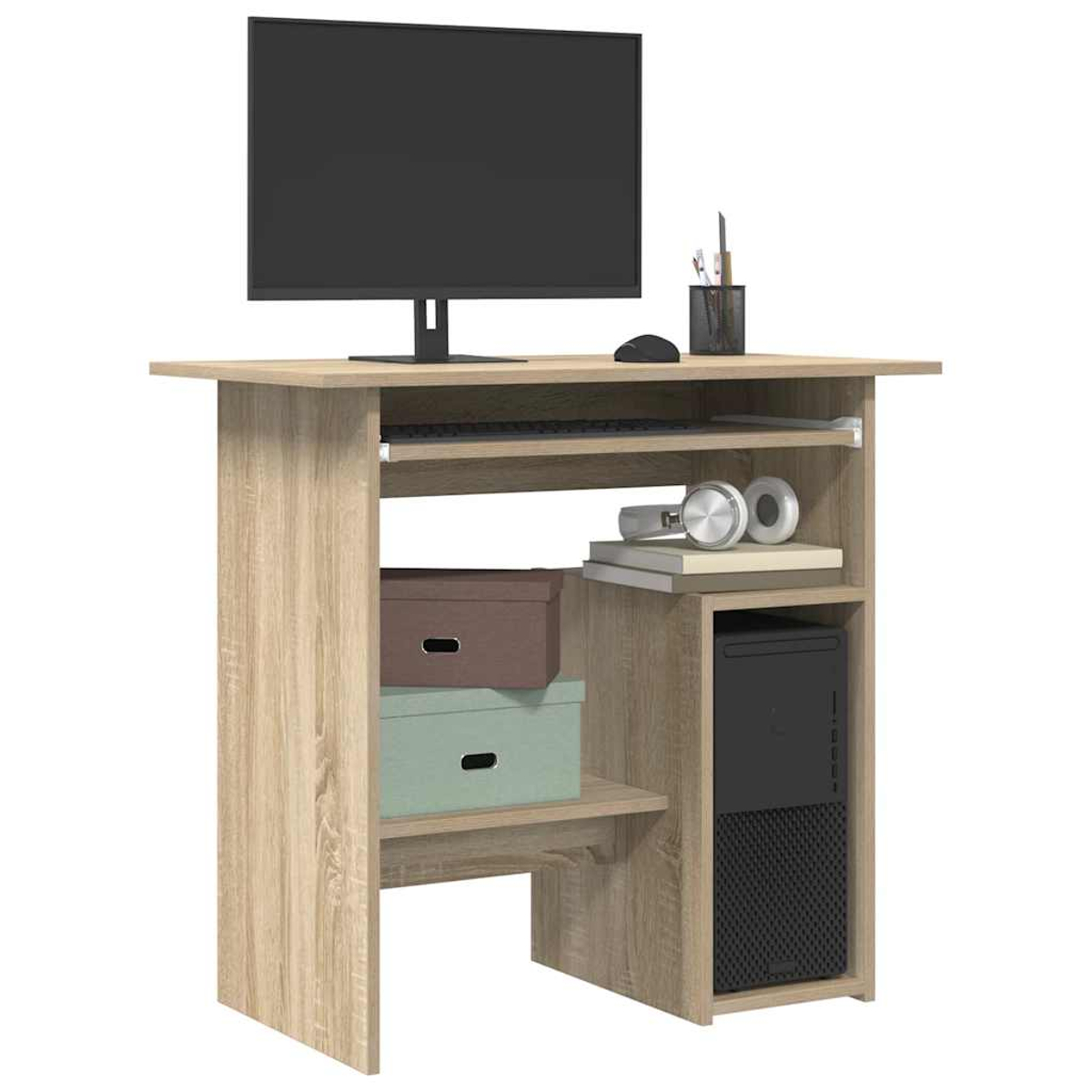 Ein hölzerner Schreibtisch mit einem Monitor, einer Tastatur, einer Maus und Aufbewahrungsboxen.