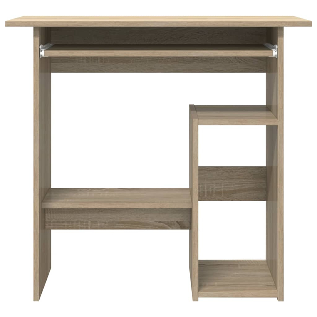 Ein heller Holztisch mit ausziehbarer Tastaturablage und offenen Fächern.