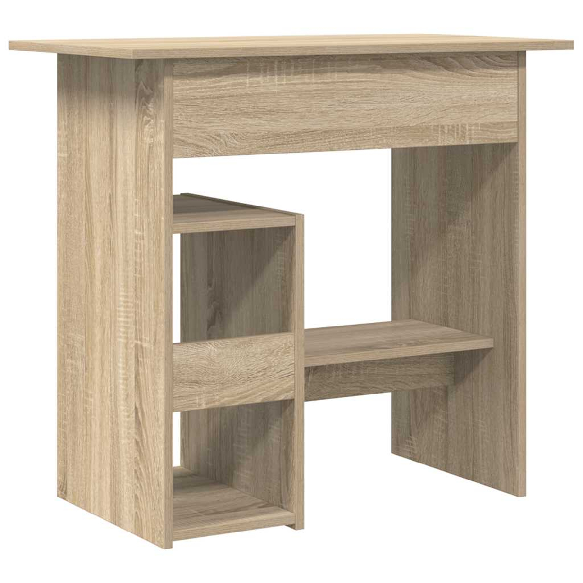 Ein heller Holztisch mit Regalen an der Seite.