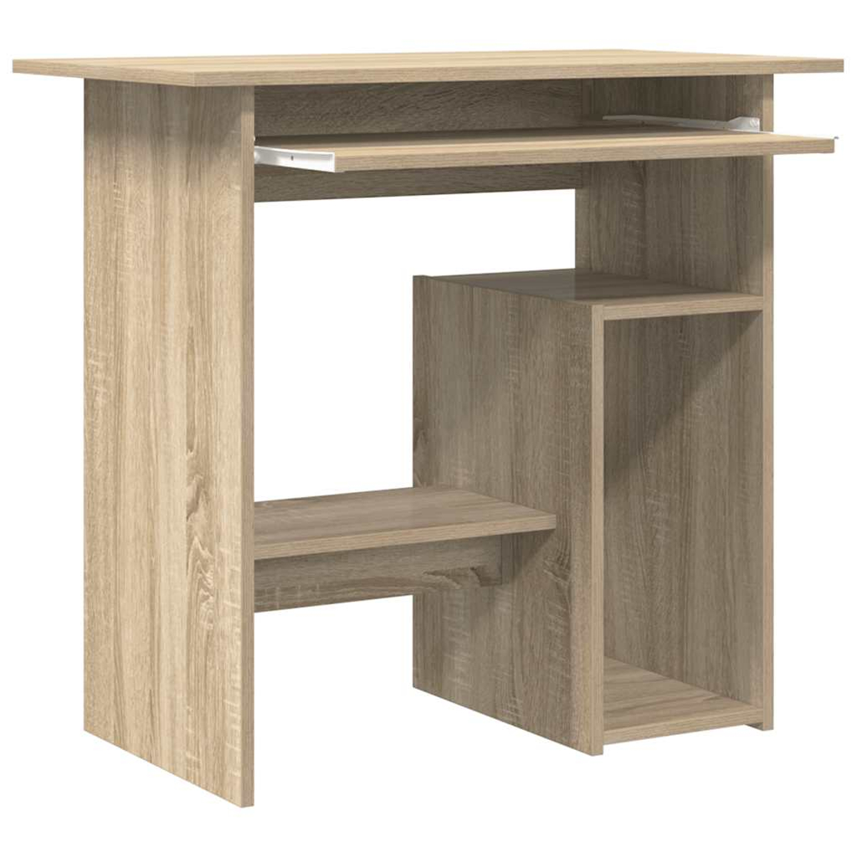 Ein heller Holztisch mit Tastaturauszug und Regalen.