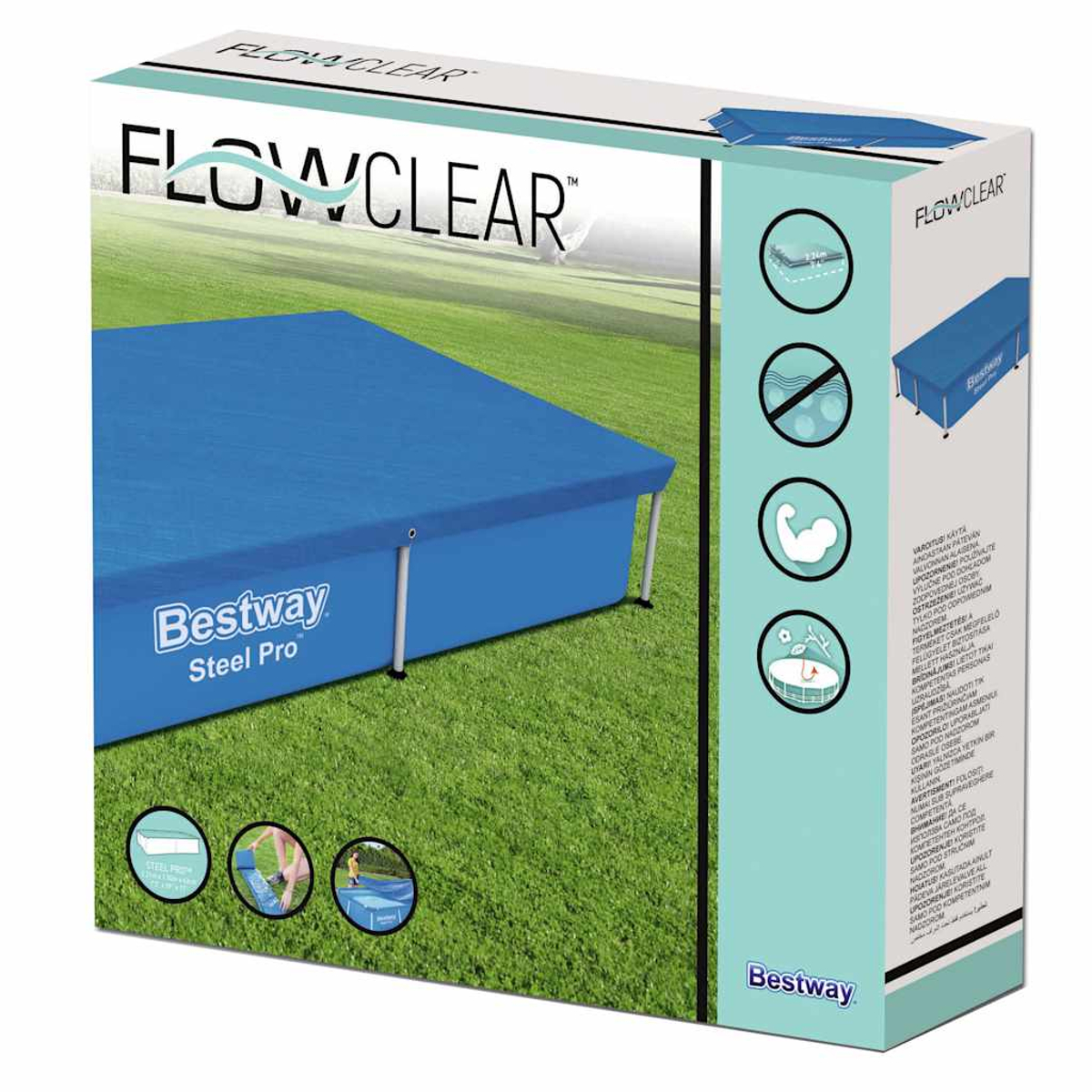 Bestway Steel Pro Poolabdeckung auf einer grünen Wiese.
