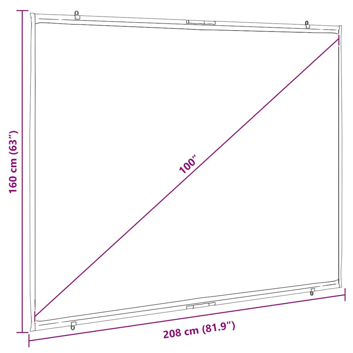 Leinwand mit Diagonalen und Maßen: 160 cm Höhe, 208 cm Breite, 100 Zoll Diagonale.