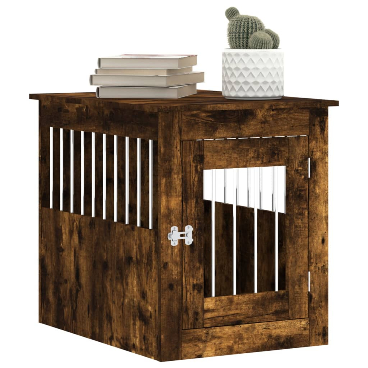 Holzkäfig mit Büchern und Kaktus auf dem Tisch.